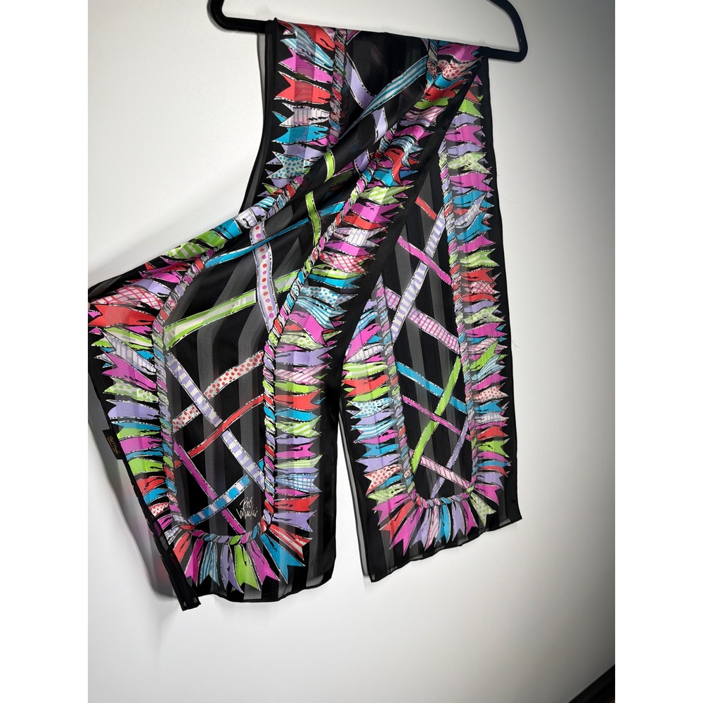 Bob Mackie Wearable Art Silk Scarf Shawl Abstract Ribbon Print 13"x64" - Picture 10 of 13